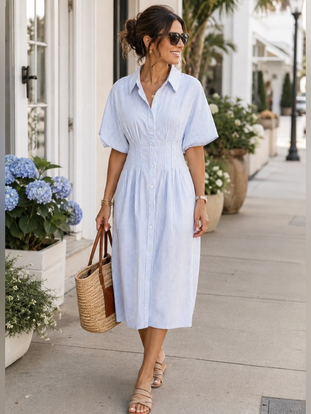 HAYDEN Women's Blue &White Pinstripe Button Front Midi Shirt Dress L NEW